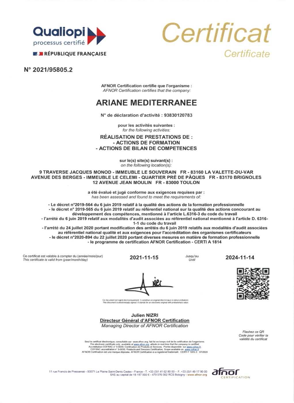 Certificat Qualiopi d'Ariane Méditerranée, valable 2024-2027